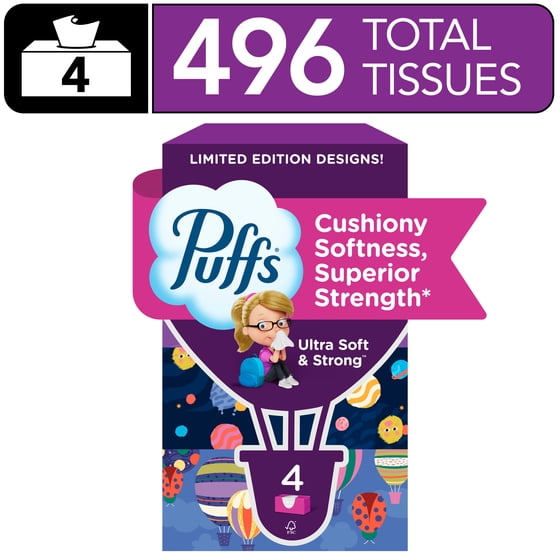 Puffs Ultra Soft Facial Tissues, Back-to-School Exclusive, 4 Rectangle Boxes, 124 Facial Tissues Per Box